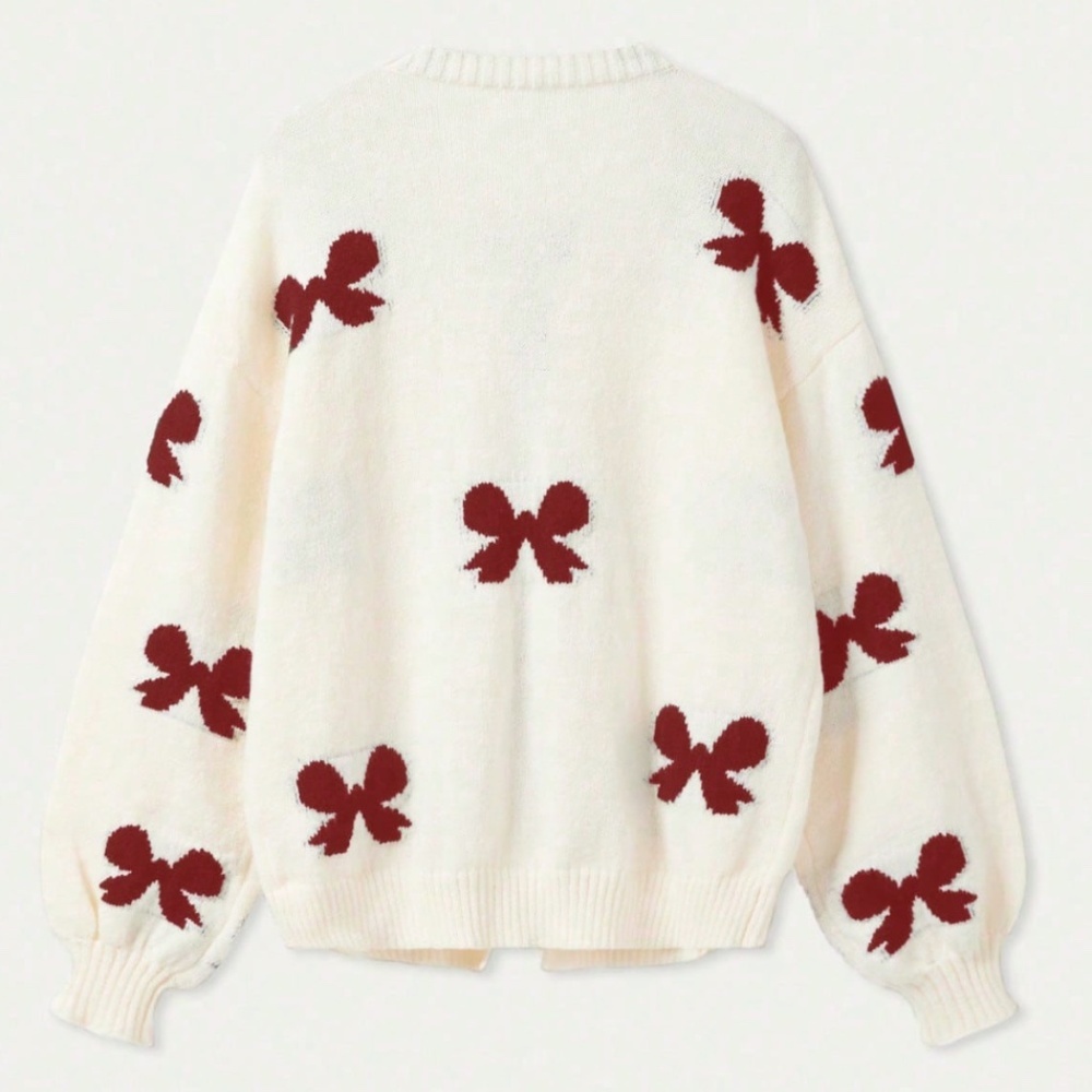Off White Cardigan With Burgundy Front Ties and Bow Print Pattern Oversized - Picture 6 of 11